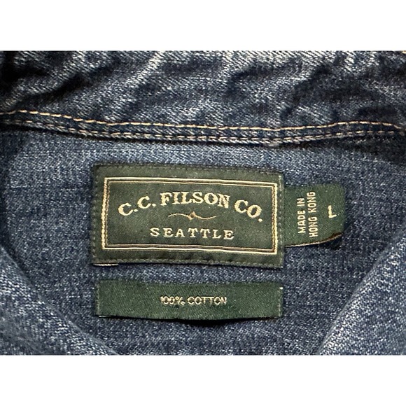 CC Filson Denim Jean Button Up Heavy Work Shirt Pockets Men’s Size Large - Picture 4 of 6